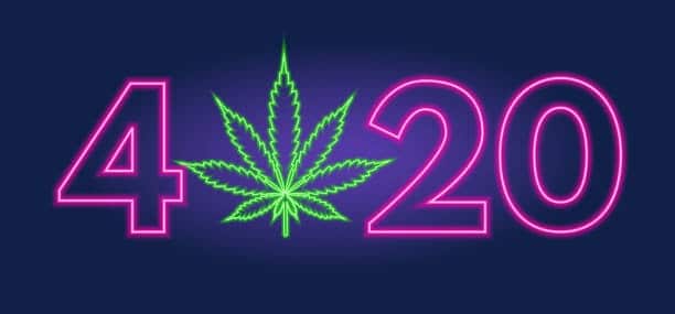 "Neon pink '4' and '20' frame a glowing green cannabis leaf on a dark blue background, conveying a vibrant homage to cannabis culture and things to do in Queens NYC for 4/20