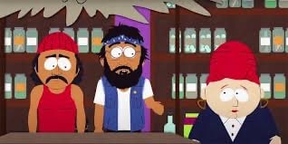 Cheech and Chong on South Park in a shop with a humorous or surprised mood.