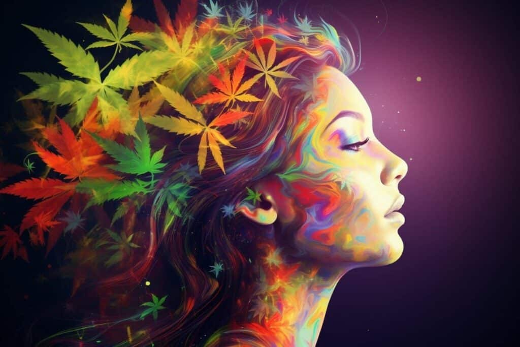 A woman's profile is adorned with vibrant, multicolored leaves in her flowing hair. The image conveys a dreamy, psychedelic feel with a warm palette.