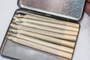 Marijuana cannabis joint in the cigarette case.