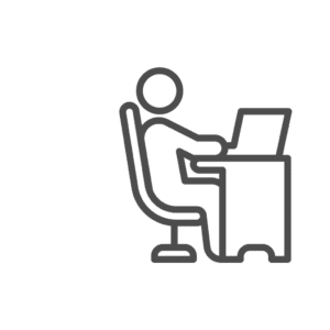 Man in chair at table with laptop line icon, Coworking concept, freelancer working on laptop sign on white background, Businessman working on computer icon in outline style. Vector graphics