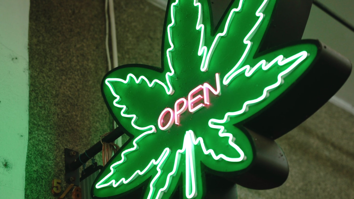 Cannabis shop green neon sign on the wall on the street. Marijuana leaf with inscription open. Legalization for tourists . High quality photo
