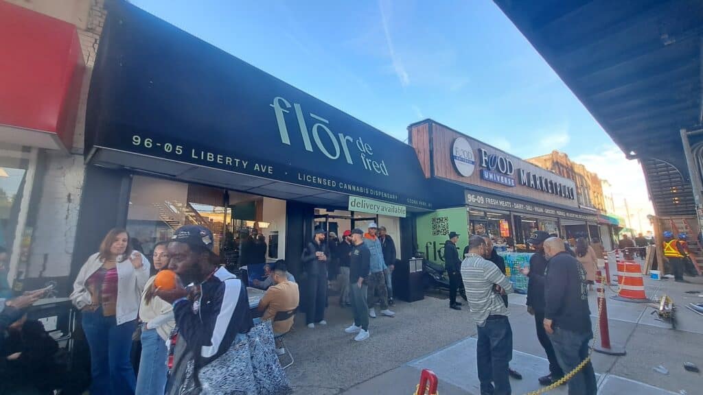 Crowd outside Flor de Fred dispensary in Ozone Park during the 1-Year Anniversary event